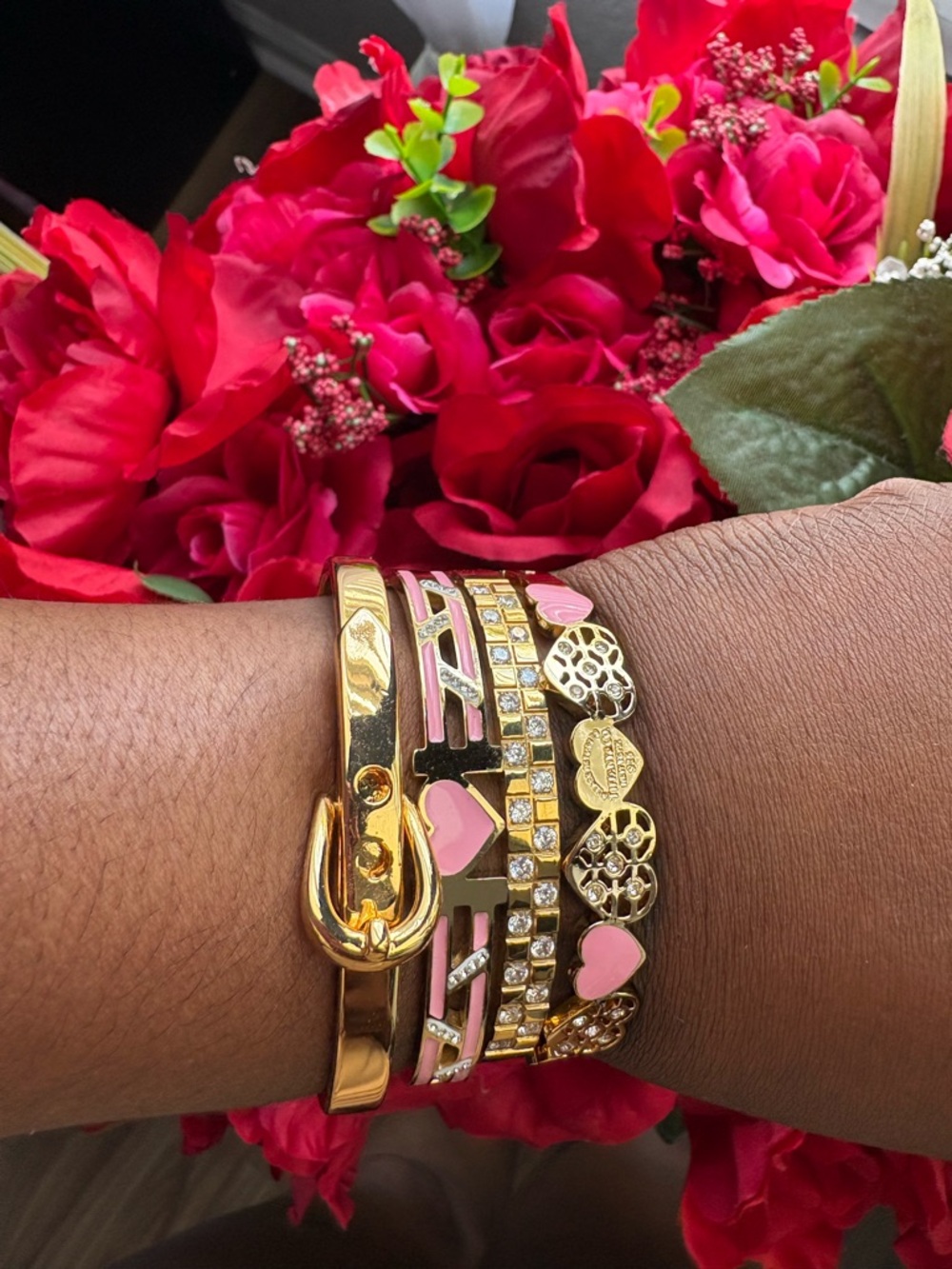 Gold and Pink Heart Stackable Bracelet Set - Women Jewelry